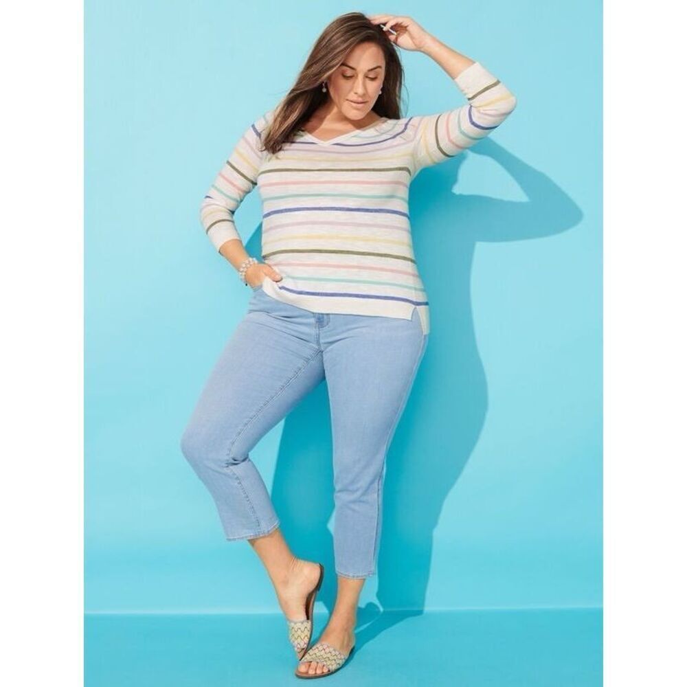 Talbots Rainbow Knit Sweater V-Neck Top Stripe Lightweight Blouse Beach 1X Plus